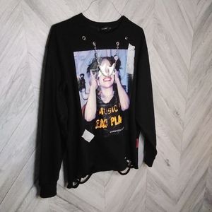 Chanyoou Oversized Ripped Portrait Street-wear LS Shirt  Sz:S Black